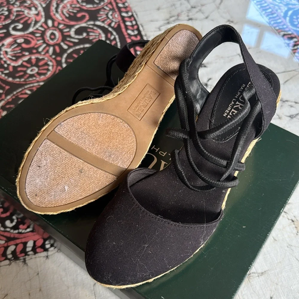 Ralph Lauren Black and Tan Wedge Sandals - Picture 4 of 5